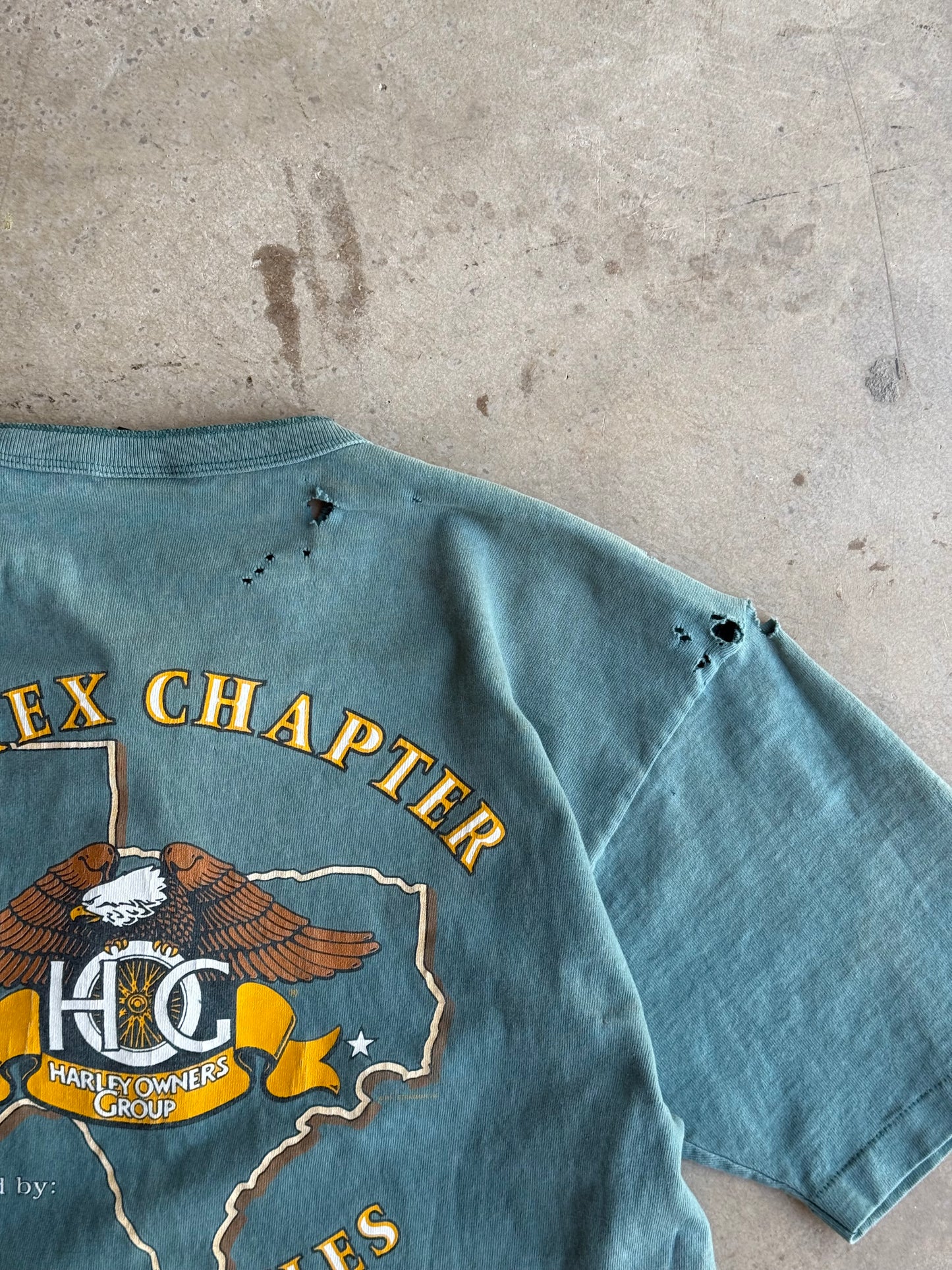 Vintage Faded Green Distressed Harley Davidson Henley Tee - L