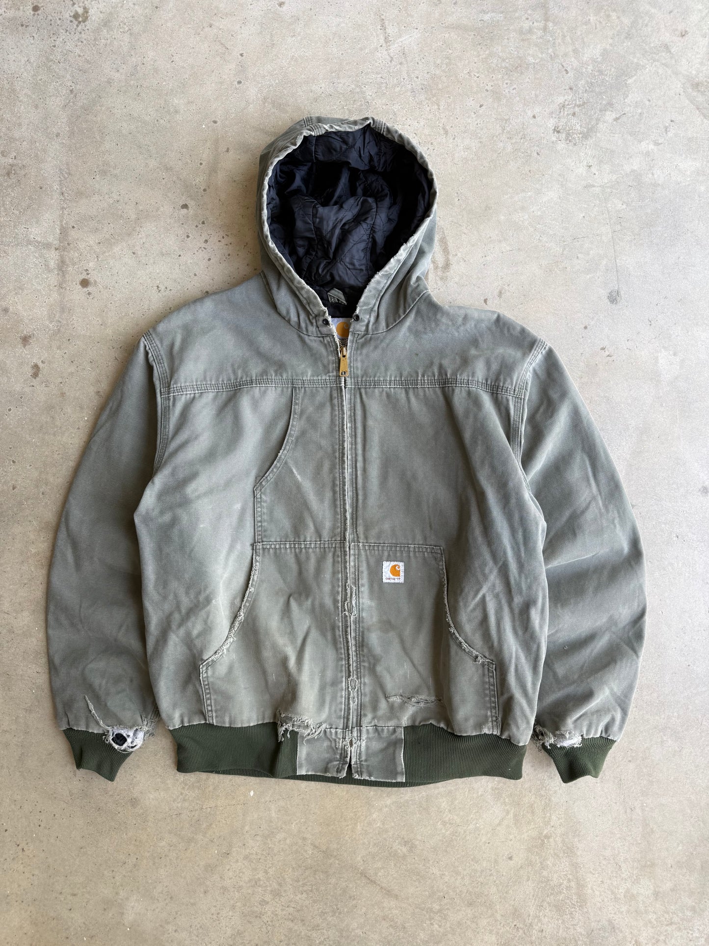 Vintage Faded and Distressed Green Hooded  Carhartt Jacket - XL