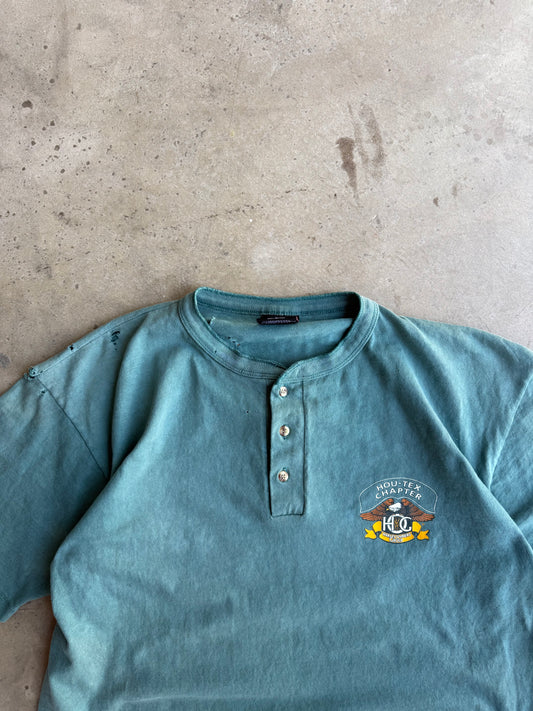Vintage Faded Green Distressed Harley Davidson Henley Tee - L