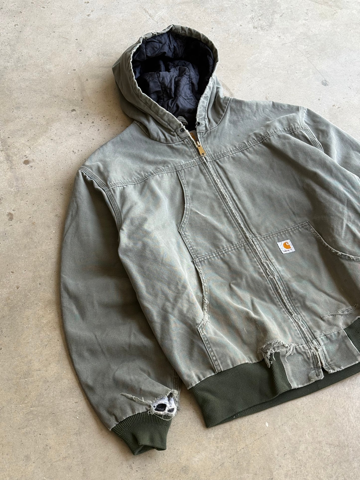 Vintage Faded and Distressed Green Hooded  Carhartt Jacket - XL