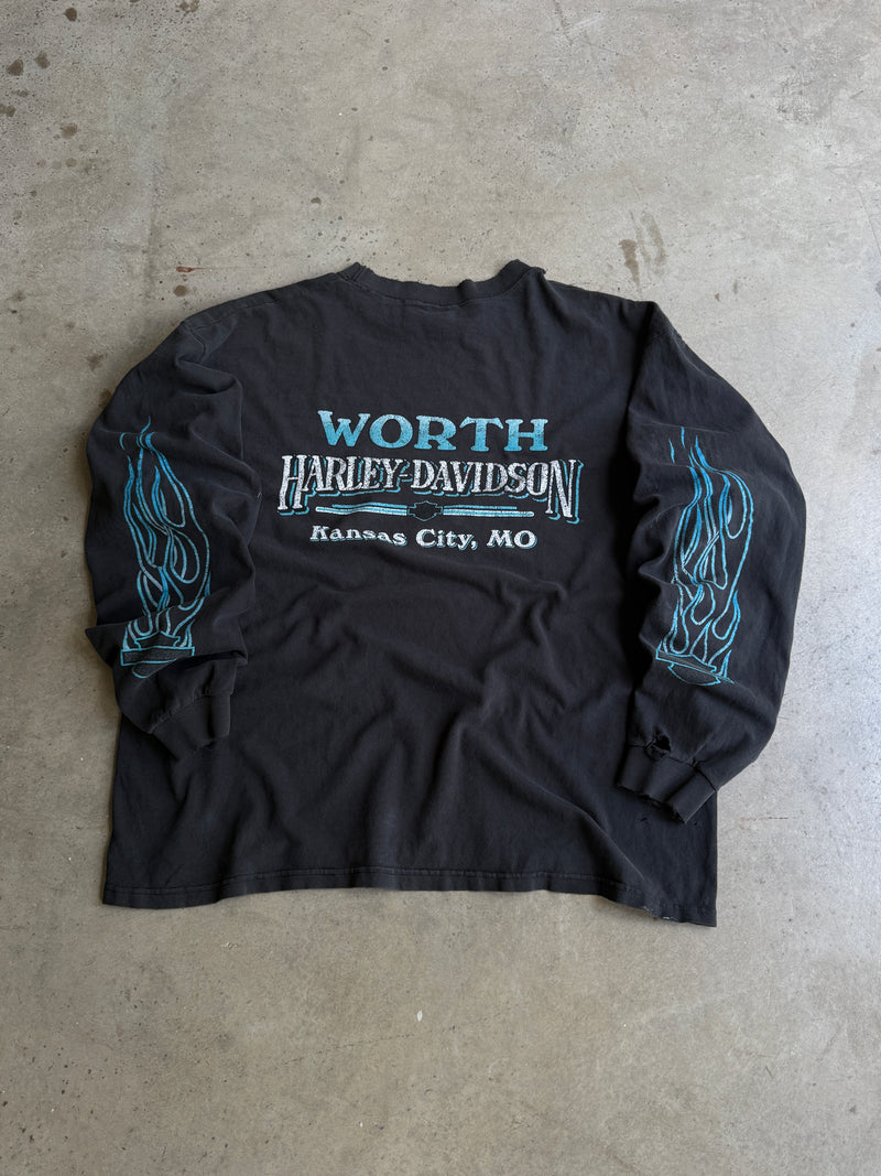 Vintage Blue Flame Harley Long Sleeve Tee - XL