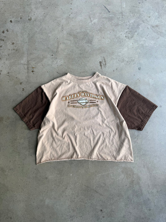 Vintage Brown Two Toned Harley Davidson Boxy Cropped Tee - L