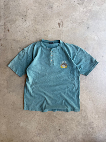 Vintage Faded Green Distressed Harley Davidson Henley Tee - L