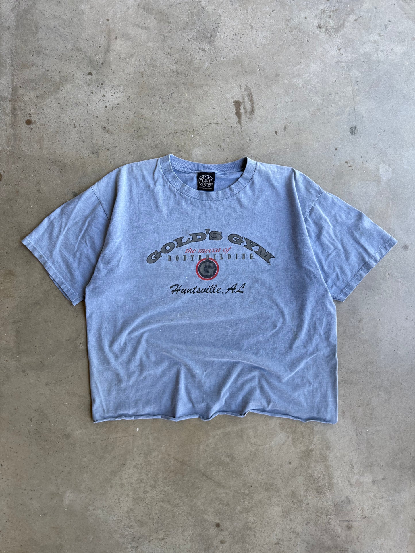 Vintage Cropped & Faded Blue Golds Gym Tee - L