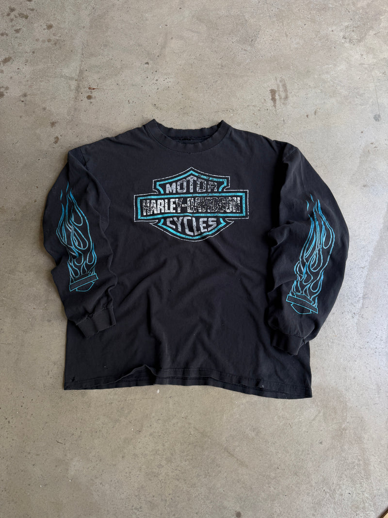 Vintage Blue Flame Harley Long Sleeve Tee - XL