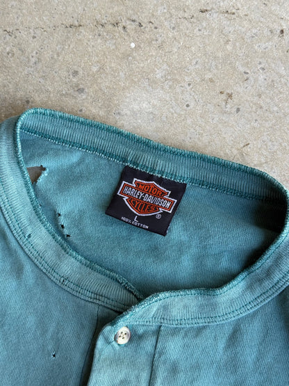 Vintage Faded Green Distressed Harley Davidson Henley Tee - L