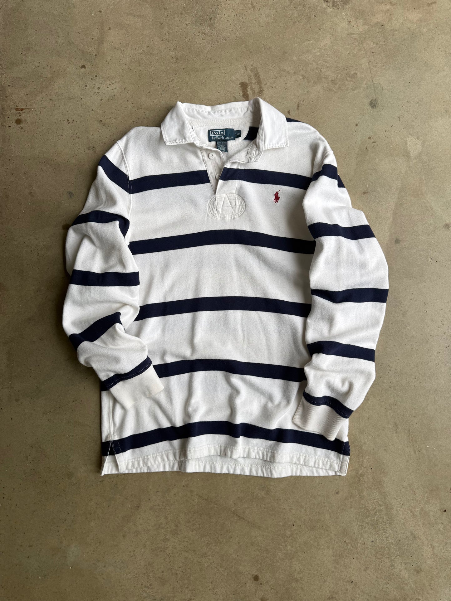 Vintage White And Blue Polo Ralph Lauren Rugby Tee - L
