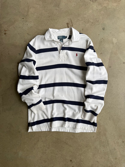 Vintage White And Blue Polo Ralph Lauren Rugby Tee - L