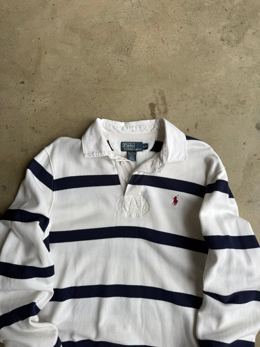 Vintage White And Blue Polo Ralph Lauren Rugby Tee - L