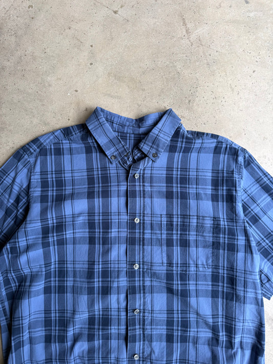 Vintage Blue Plaid Button Down Tee - L