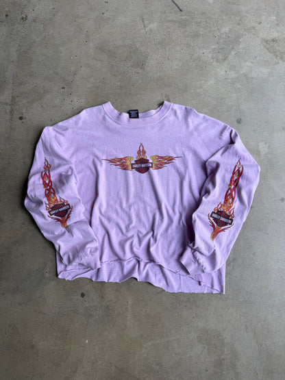 Vintage Cropped Pink Harley Davidson Flame Long Sleeve Tee - L