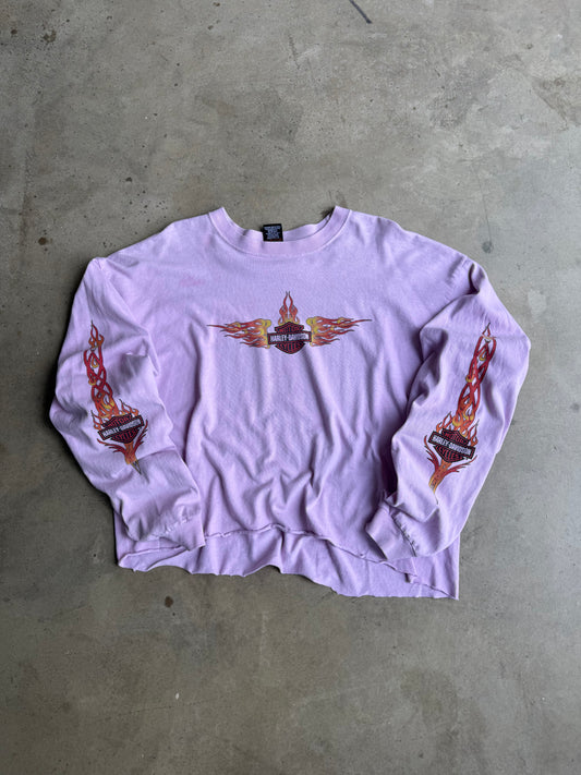 Vintage Cropped Pink Harley Davidson Flame Long Sleeve Tee - L