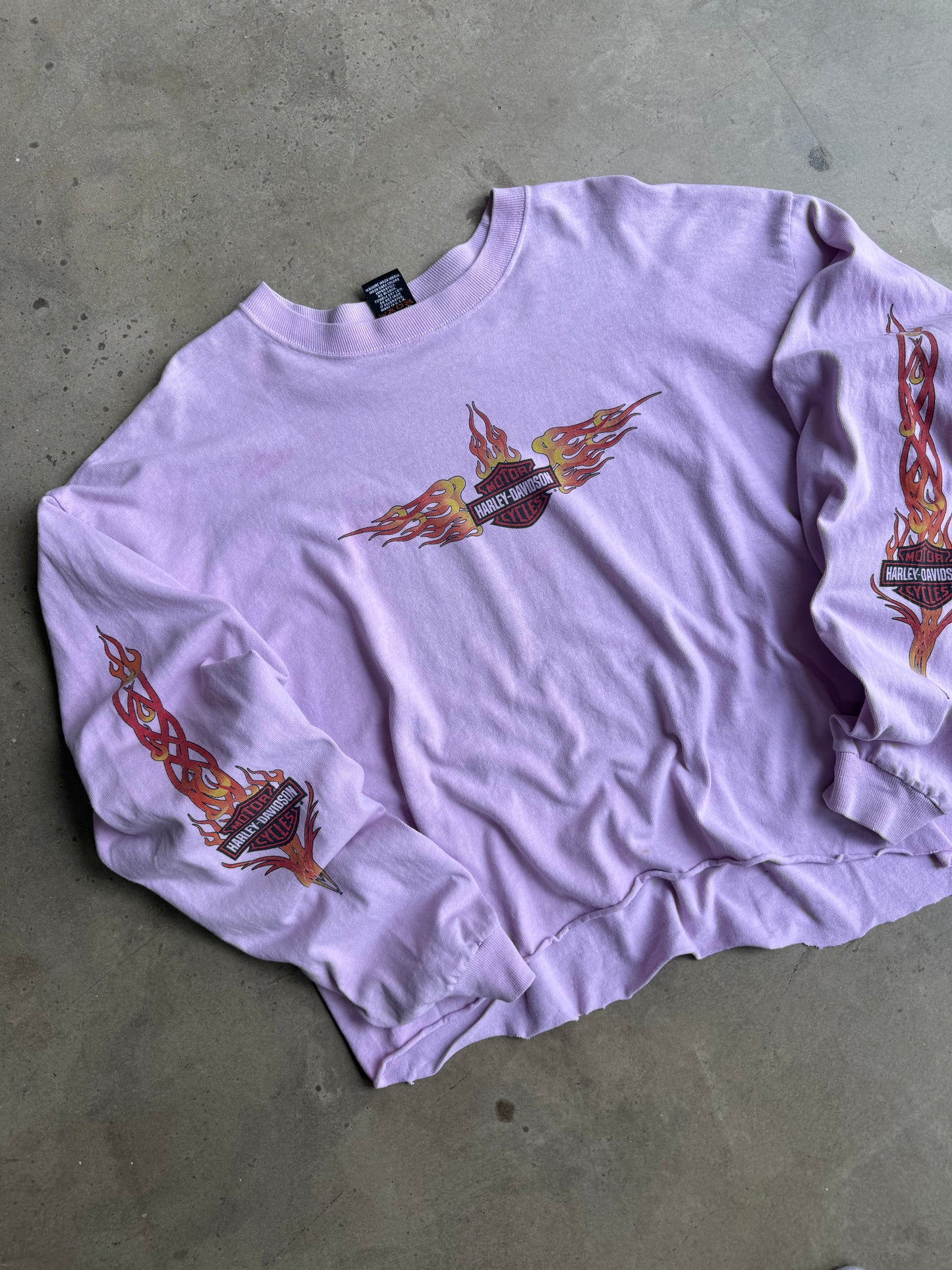 Vintage Cropped Pink Harley Davidson Flame Long Sleeve Tee - L