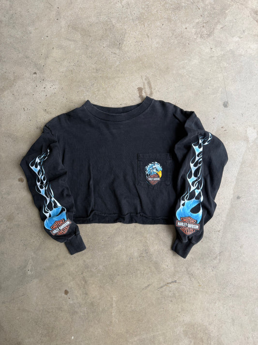 Vintage  Cropped Harley Davidson Flame Sleeve Tee - S