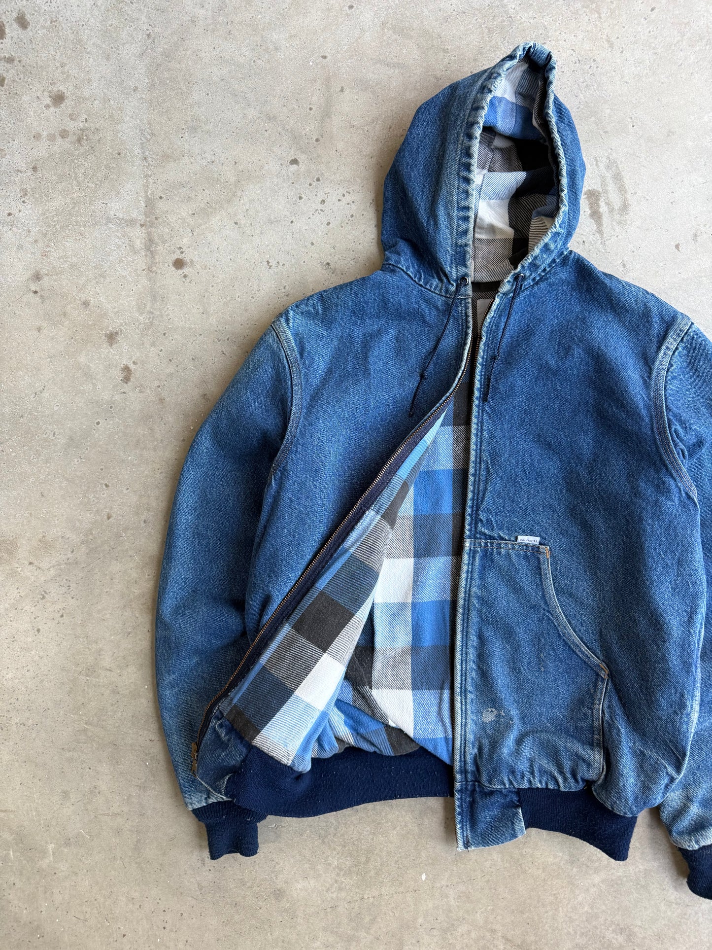 Vintage Faded Flanel Lined Denim Carhartt Hooded Jacket - M