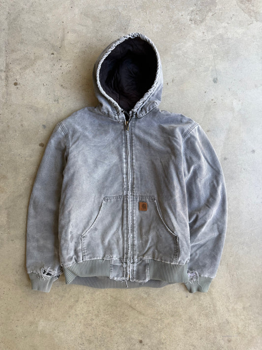 Vintage Faded & Distressed Charcoal Grey Hooded Carhartt Jacket - M