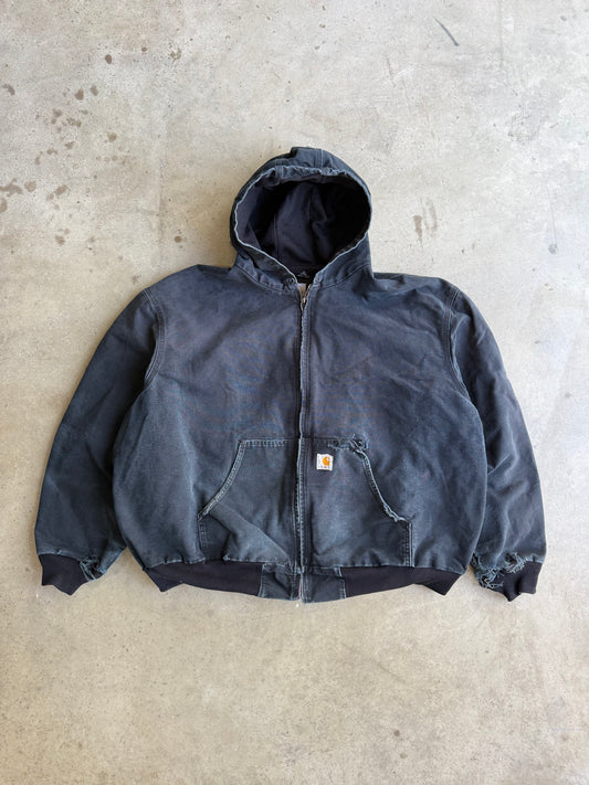 Vintage Faded & Distressed Black Carhartt Hooded Jacket - XXL